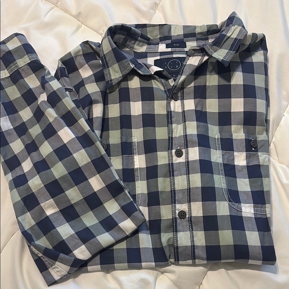 Men's Blue and Green Plaid Shirt